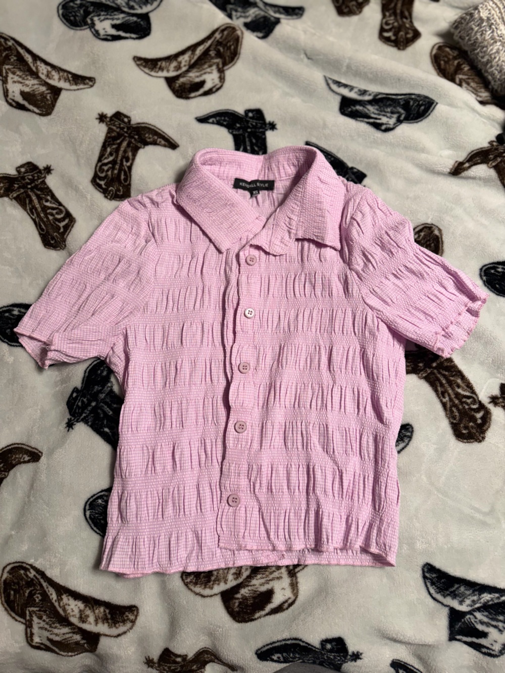 Pink Short-Sleeve Button Front Textured Top